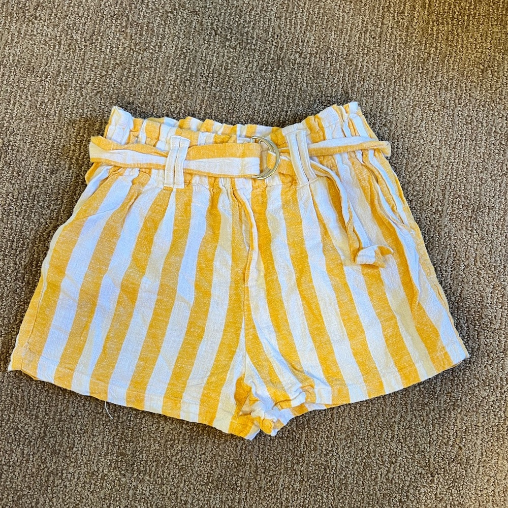 Love Tree Yellow and White Striped Paper Bag Women's Shorts With Belt